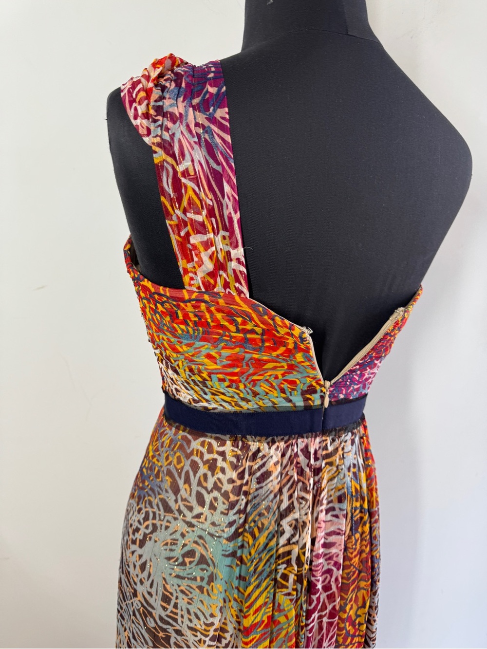 BCBG MaxAzria Y2K Boho Silk Blend One Shoulder Maxi Dress Multicolor Size 4 Chic - Picture 14 of 16